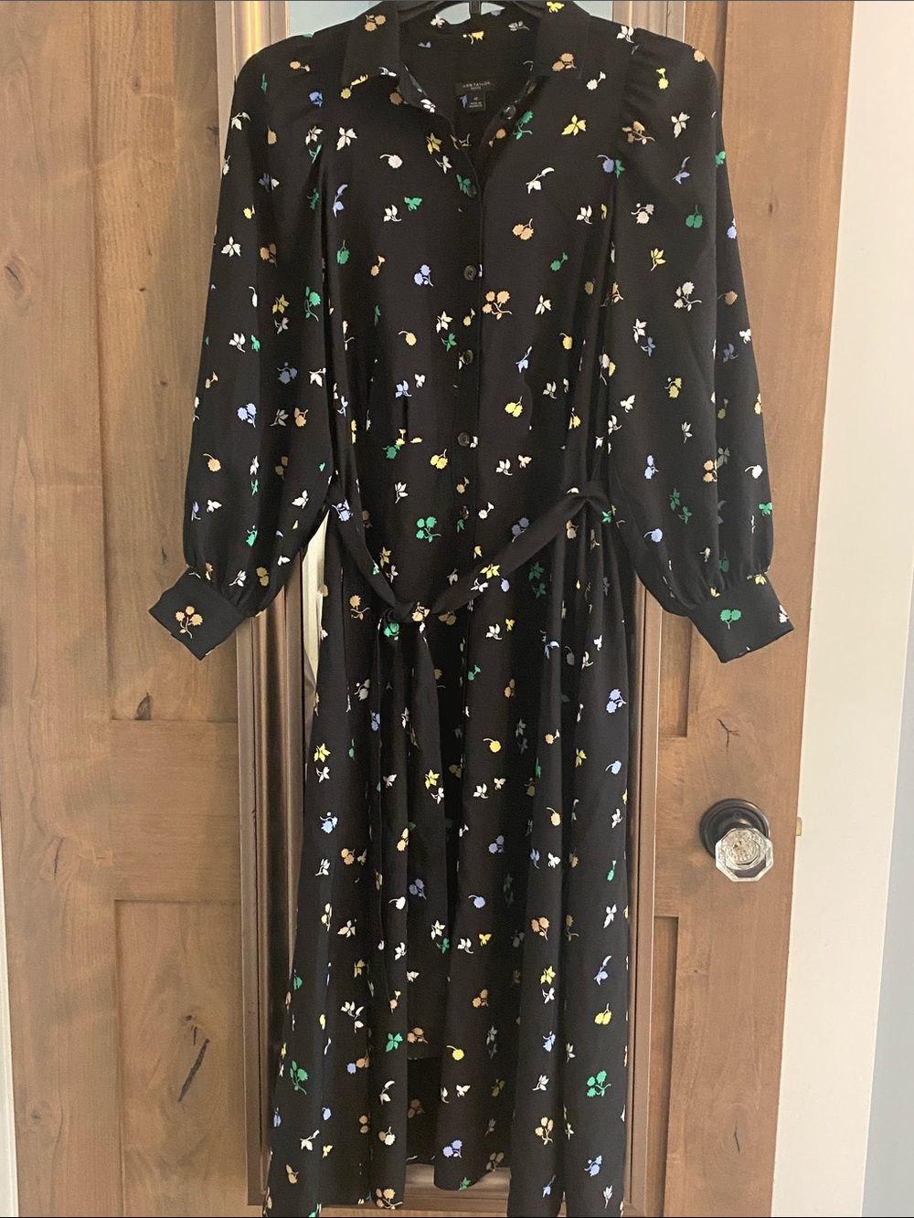 Black Floral Long-Sleeve Shirt Dress with Self-Tie Waist